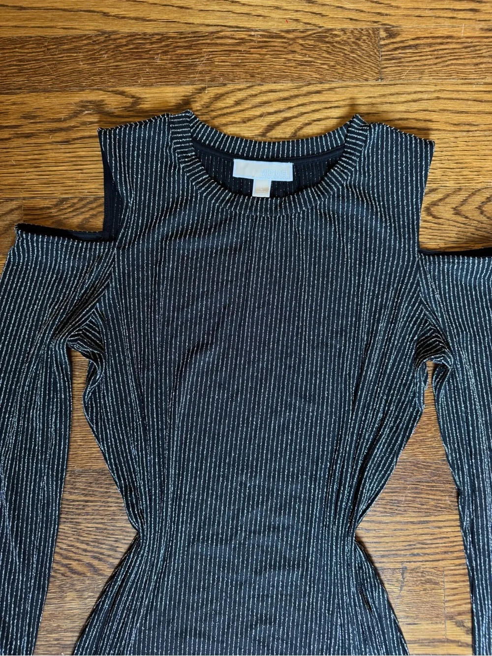 Michael Kors Black and Silver Metallic Striped Cold-Shoulder Ribbed Dress